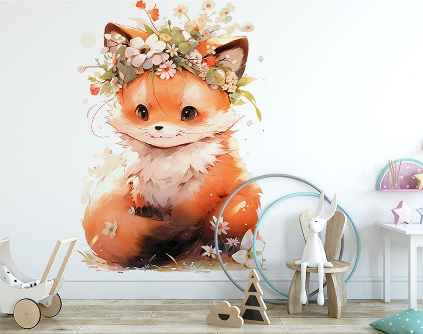Papier peint panoramique renard couronne de fleurs illustré, dans une chambre de bébé