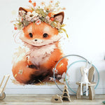 Papier peint panoramique renard couronne de fleurs illustré, dans une chambre de bébé