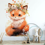 Papier peint panoramique renard couronne de fleurs illustré, dans une chambre de bébé