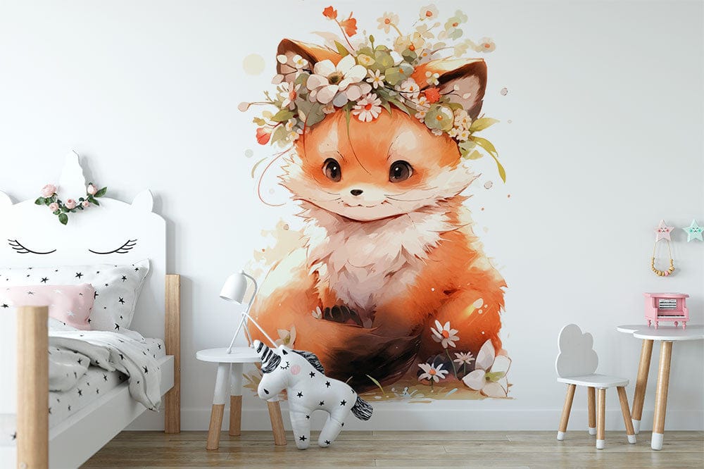 Deuxième vue du papier peint renard couronne de fleurs dans une chambre de bébé