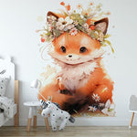 Deuxième vue du papier peint renard couronne de fleurs dans une chambre de bébé