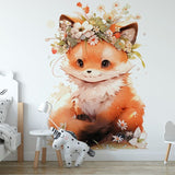 Deuxième vue du papier peint renard couronne de fleurs dans une chambre de bébé