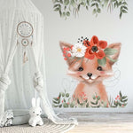 Papier peint panoramique renard couronne de fleurs illustré, dans une chambre d'enfant