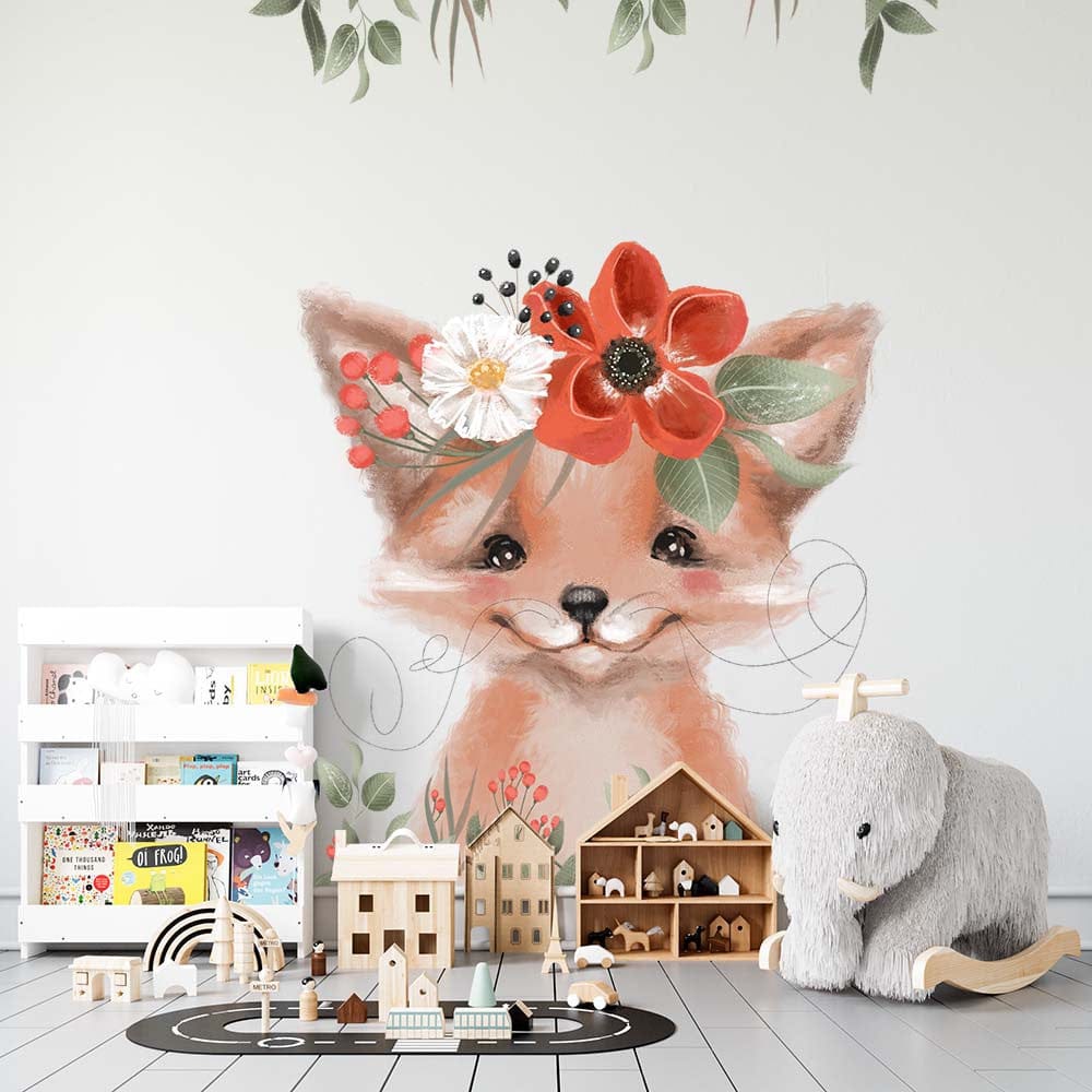 Deuxième vue du papier peint renard couronne de fleurs dans une chambre d'enfant