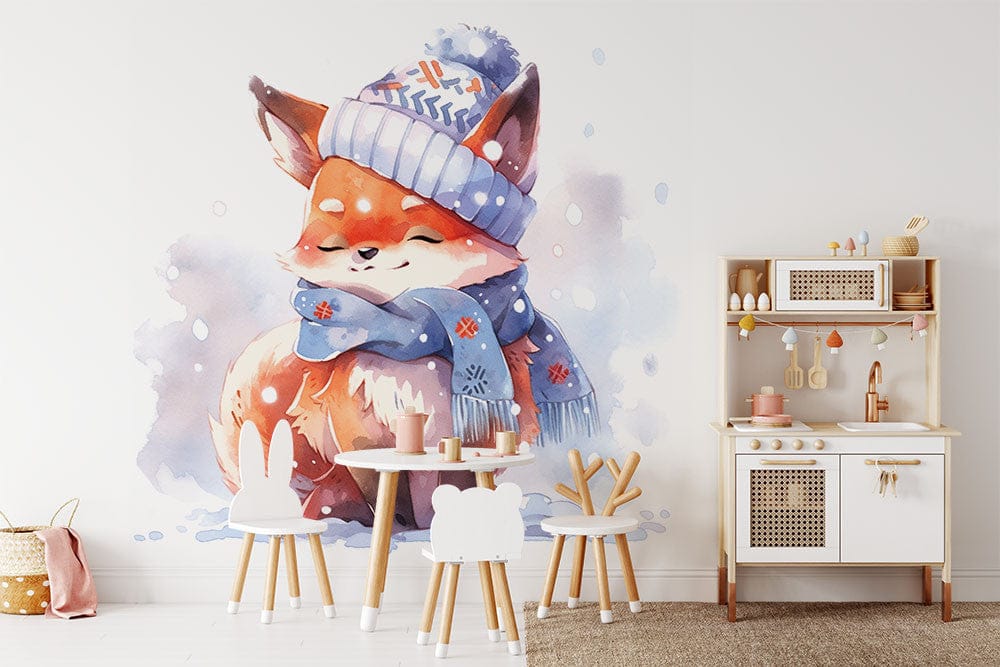 Papier peint panoramique renard dans la neige illustré, dans une chambre d'enfant