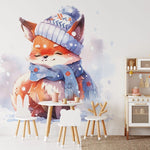 Papier peint panoramique renard dans la neige illustré, dans une chambre d'enfant