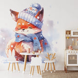 Papier peint panoramique renard dans la neige illustré, dans une chambre d'enfant