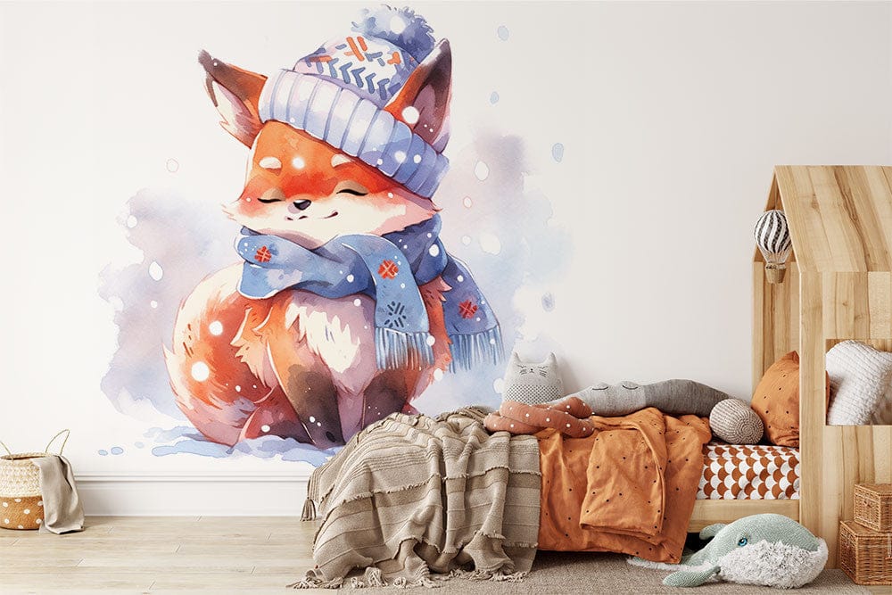 Deuxième vue du papier peint renard dans la neige dans une chambre d'enfant