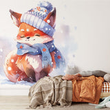 Deuxième vue du papier peint renard dans la neige dans une chambre d'enfant