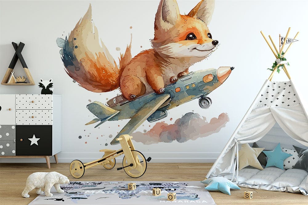 Papier peint panoramique renard dans les airs illustré, dans une chambre d'enfant