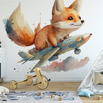 Papier peint panoramique renard dans les airs illustré, dans une chambre d'enfant