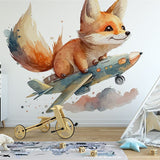 Papier peint panoramique renard dans les airs illustré, dans une chambre d'enfant