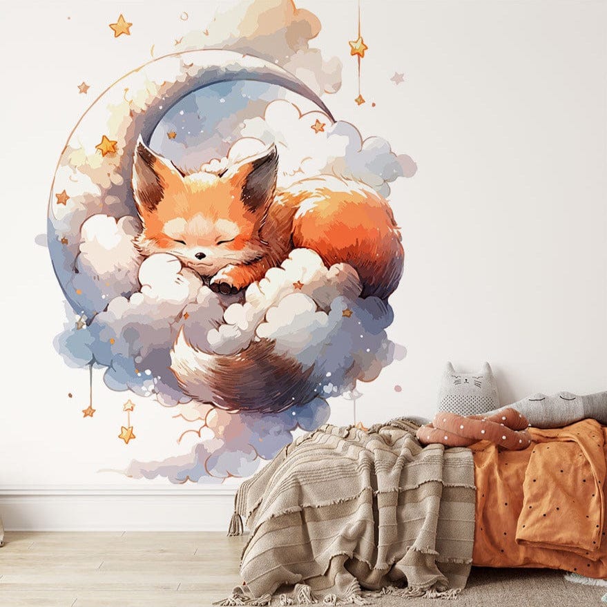 Papier peint panoramique renard dans les nuages illustré, dans une chambre de bébé