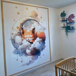 Troisième vue du papier peint renard dans les nuages dans une chambre de bébé