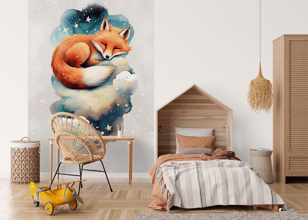 Papier peint panoramique renard dans les nuages illustré, dans une chambre d'enfant