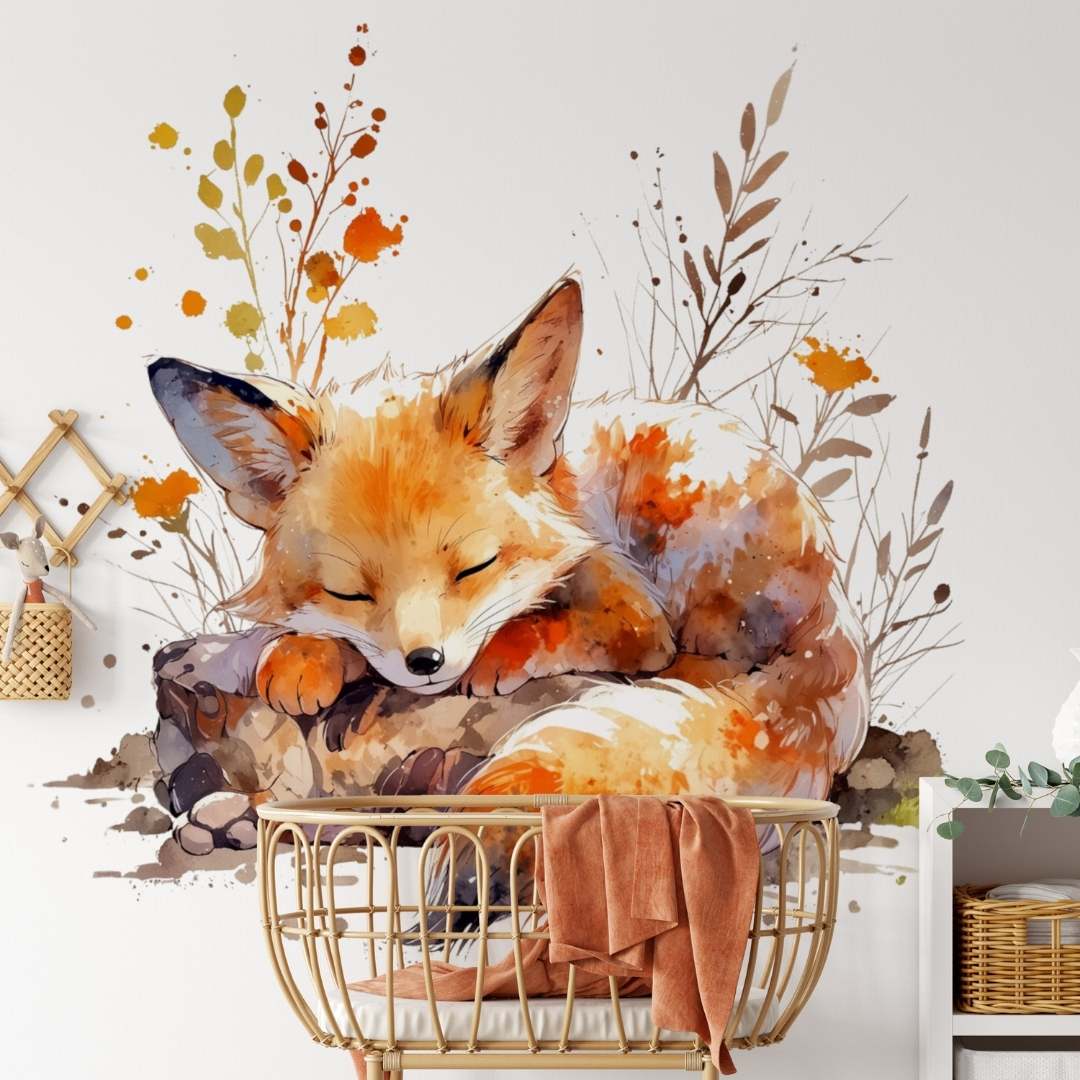 Papier peint panoramique renard endormi illustré, dans une chambre d'enfant