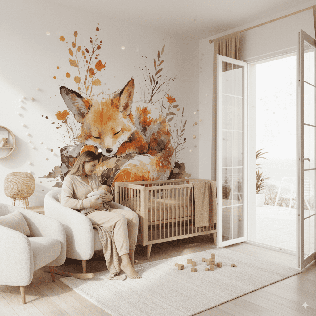 Deuxième vue du papier peint renard endormi dans une chambre d'enfant