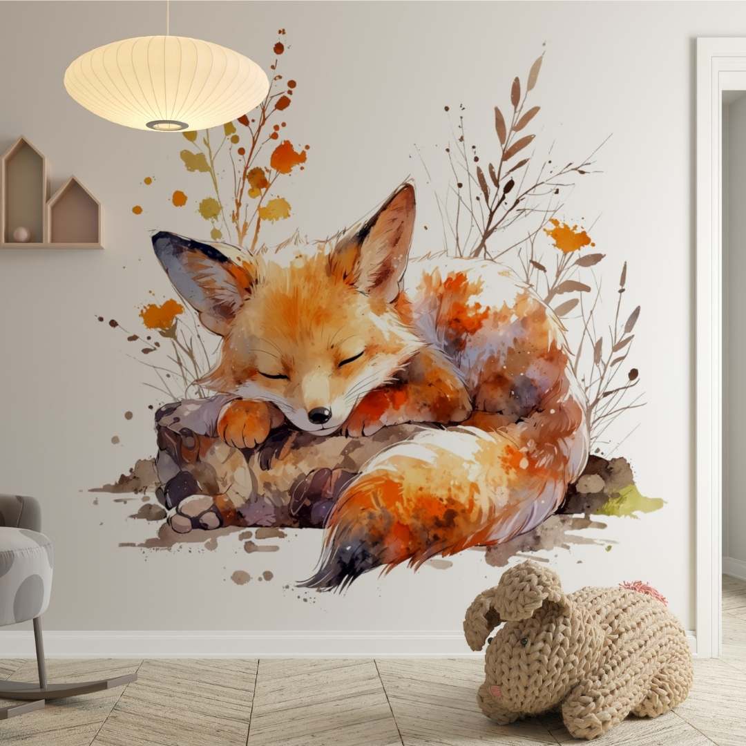 Quatrième vue du papier peint renard endormi dans une chambre d'enfant