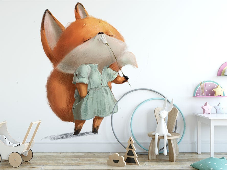 Papier peint panoramique renard fleurs 2 illustré, dans une chambre d'enfant