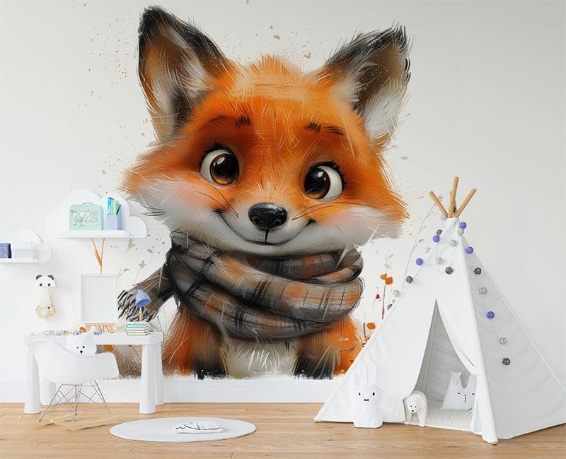 Deuxième vue du papier peint renard joli dans une chambre d'enfant