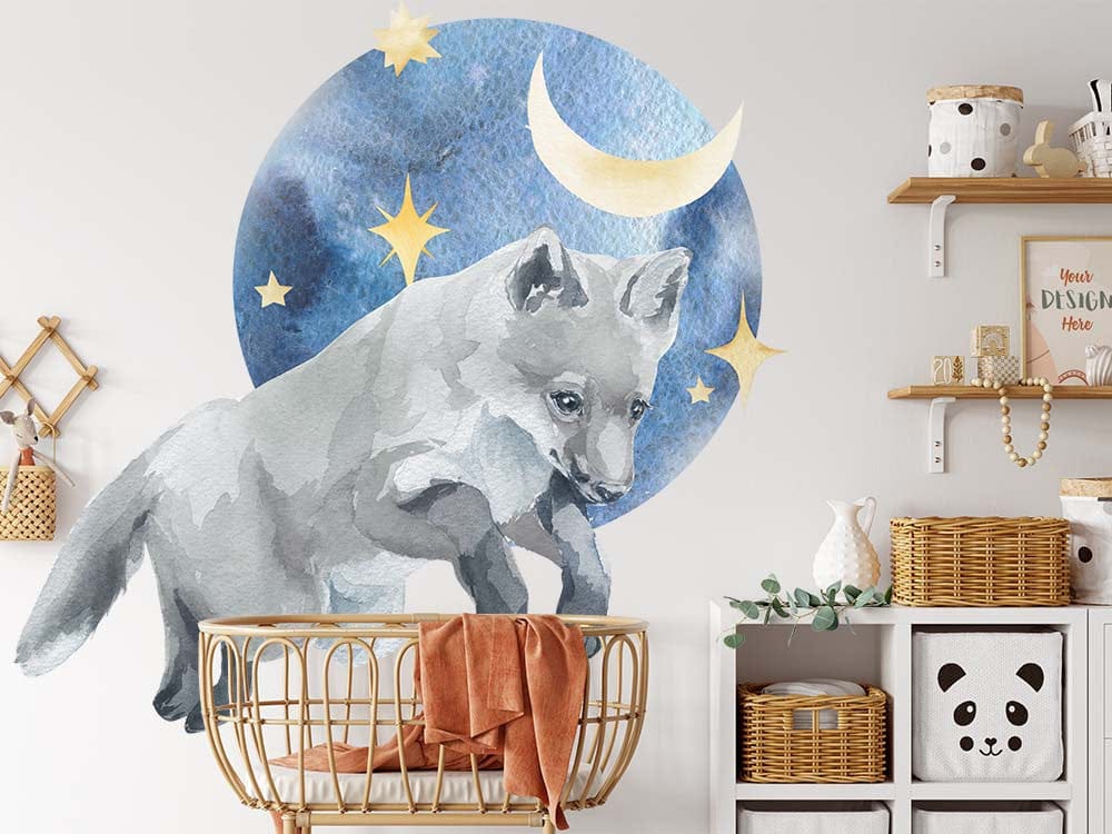 Papier peint panoramique renard lune illustré, dans une chambre d'enfant