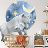 Papier peint panoramique renard lune illustré, dans une chambre d'enfant
