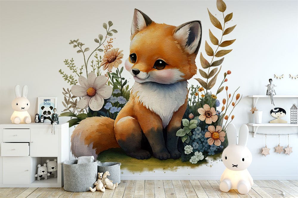 Papier peint panoramique renard mignon champs illustré, dans une chambre d'enfant