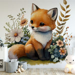 Papier peint panoramique renard mignon champs illustré, dans une chambre d'enfant