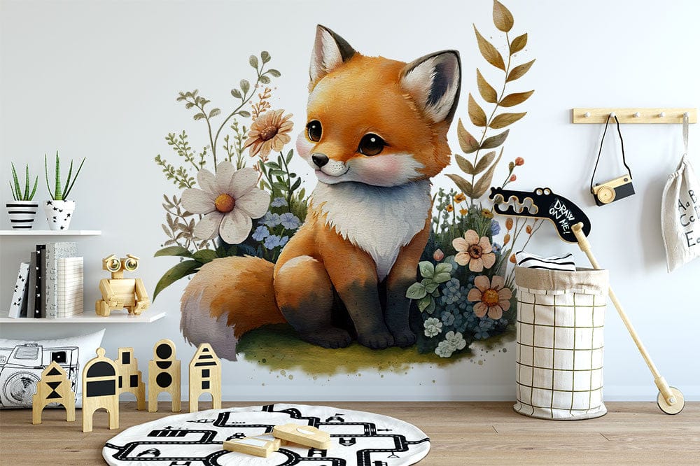 Deuxième vue du papier peint renard mignon champs dans une chambre d'enfant