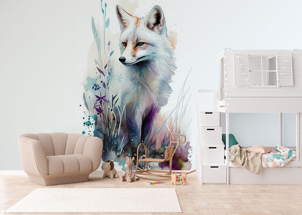 Papier peint panoramique renard milieu fleurs illustré, dans une chambre d'enfant