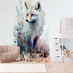 Papier peint panoramique renard milieu fleurs illustré, dans une chambre d'enfant