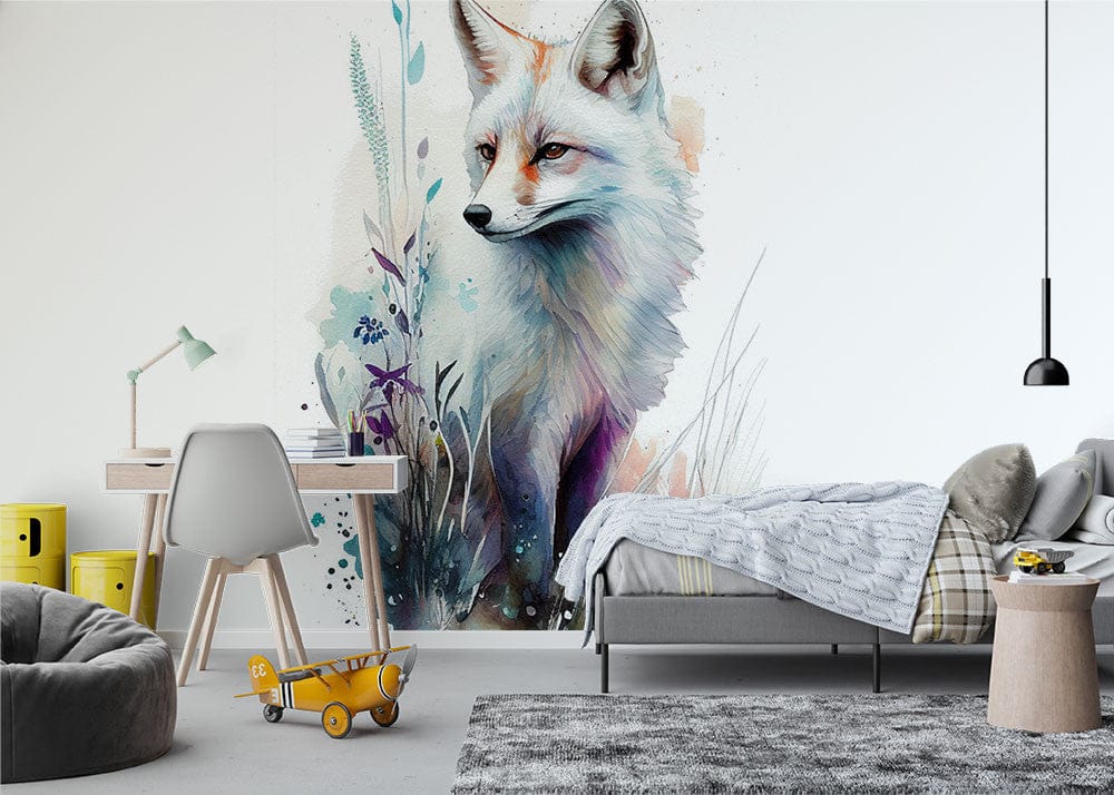 Deuxième vue du papier peint renard milieu fleurs dans une chambre d'enfant