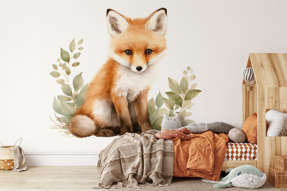Papier peint panoramique renard pastelle illustré, dans une chambre d'enfant