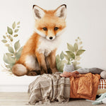 Papier peint panoramique renard pastelle illustré, dans une chambre d'enfant