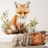 Papier peint panoramique renard pastelle illustré, dans une chambre d'enfant