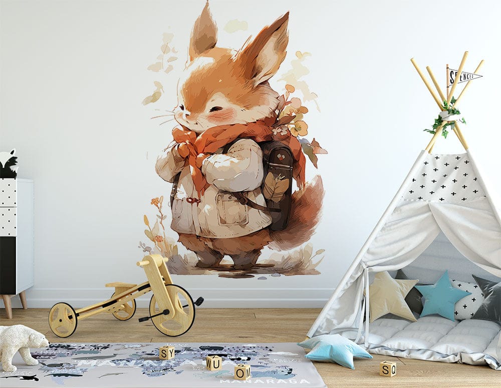 Papier peint panoramique renard sac à dos illustré, dans une chambre de bébé