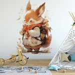 Papier peint panoramique renard sac à dos illustré, dans une chambre de bébé