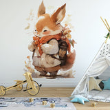 Papier peint panoramique renard sac à dos illustré, dans une chambre de bébé