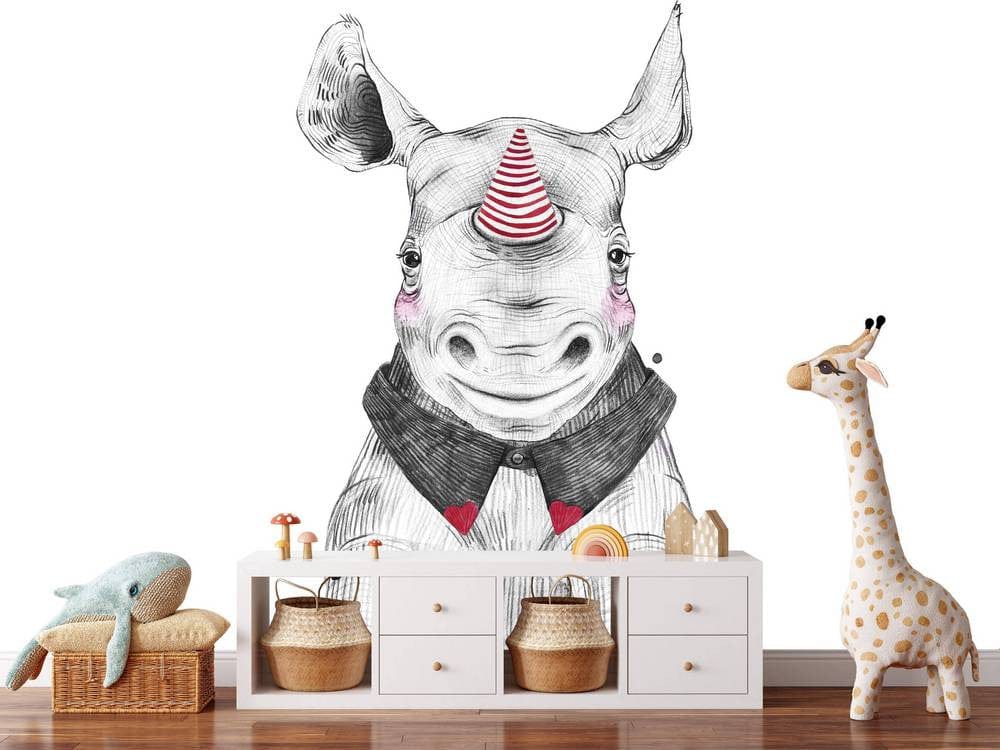 Deuxième vue du papier peint rhinocéros dans une chambre d'enfant