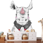 Deuxième vue du papier peint rhinocéros dans une chambre d'enfant