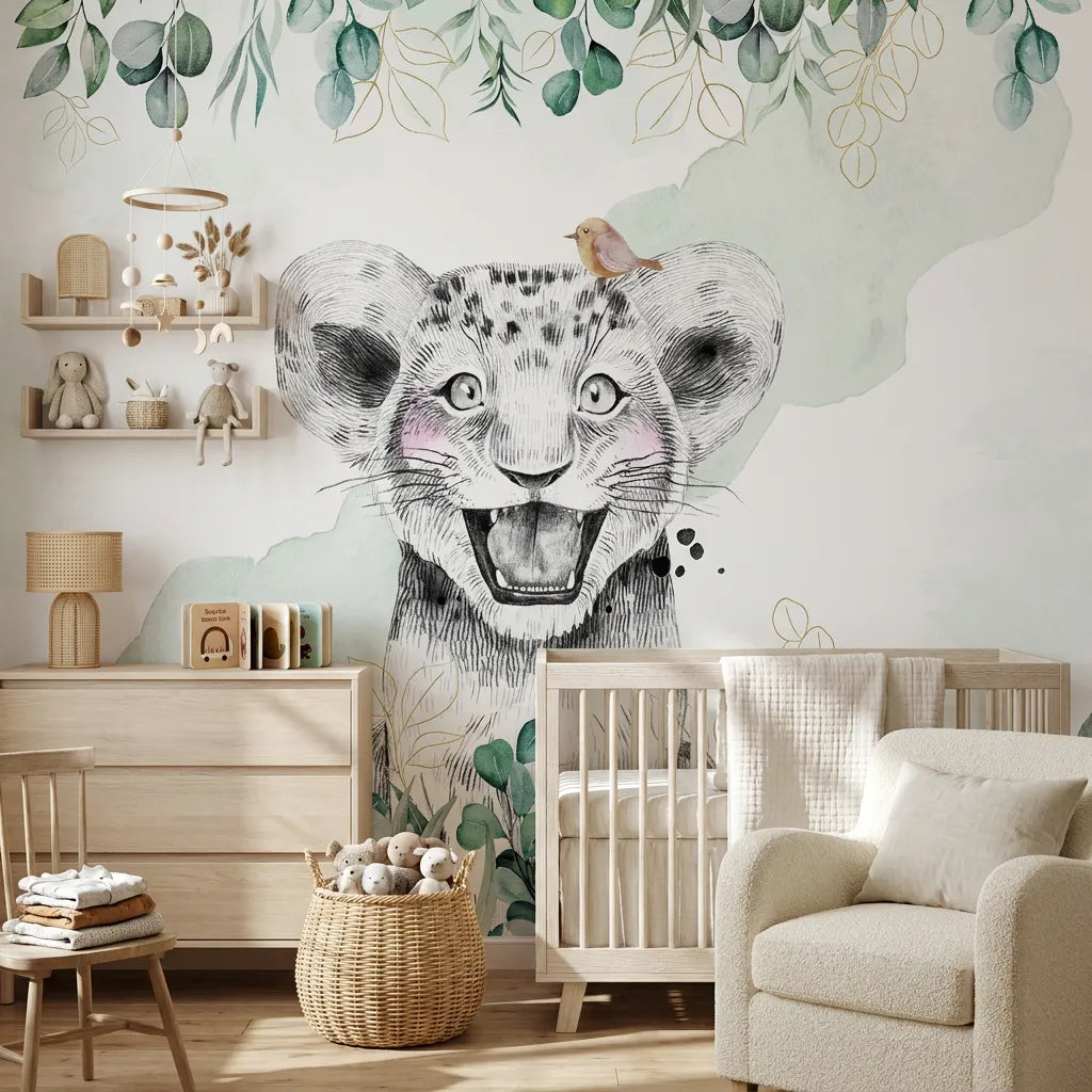 Papier peint panoramique savane appel illustré, dans une chambre d'enfant