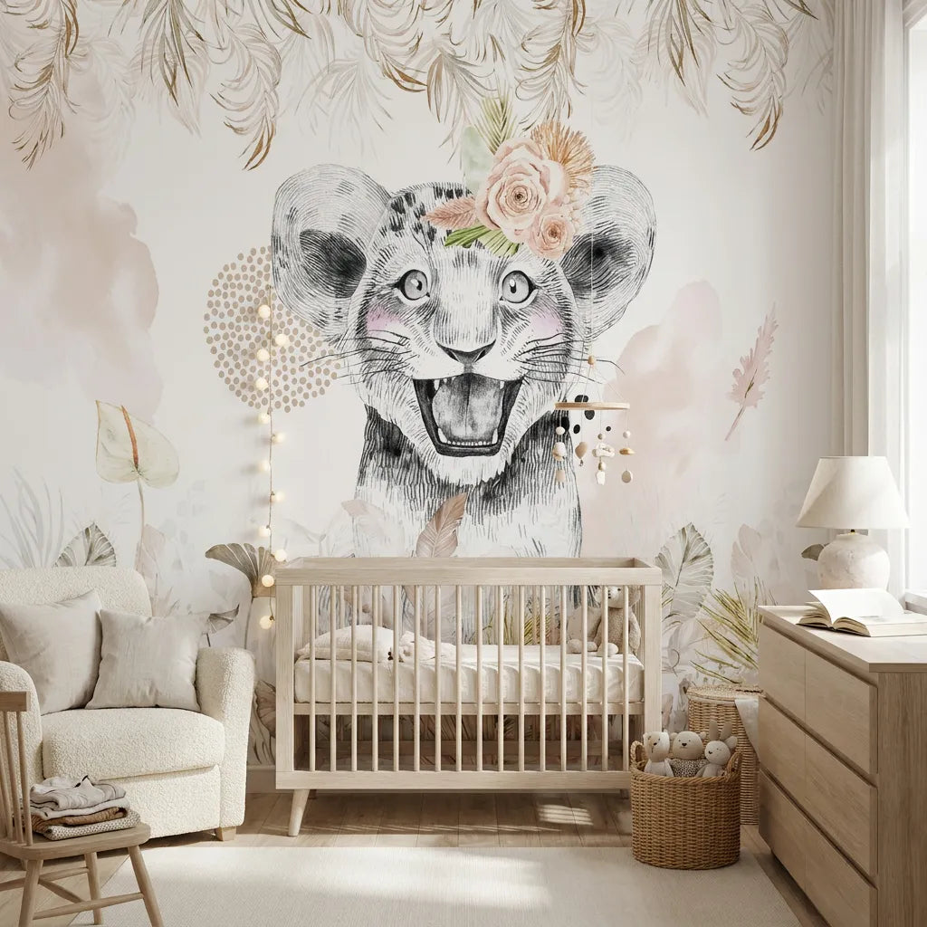 Papier peint panoramique savane éclat doré illustré, dans une chambre d'enfant