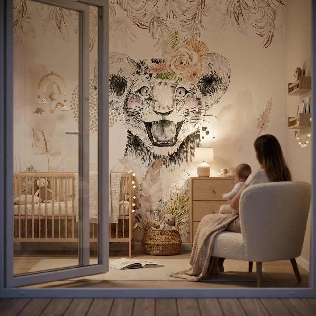 Deuxième vue du papier peint savane éclat doré dans une chambre d'enfant