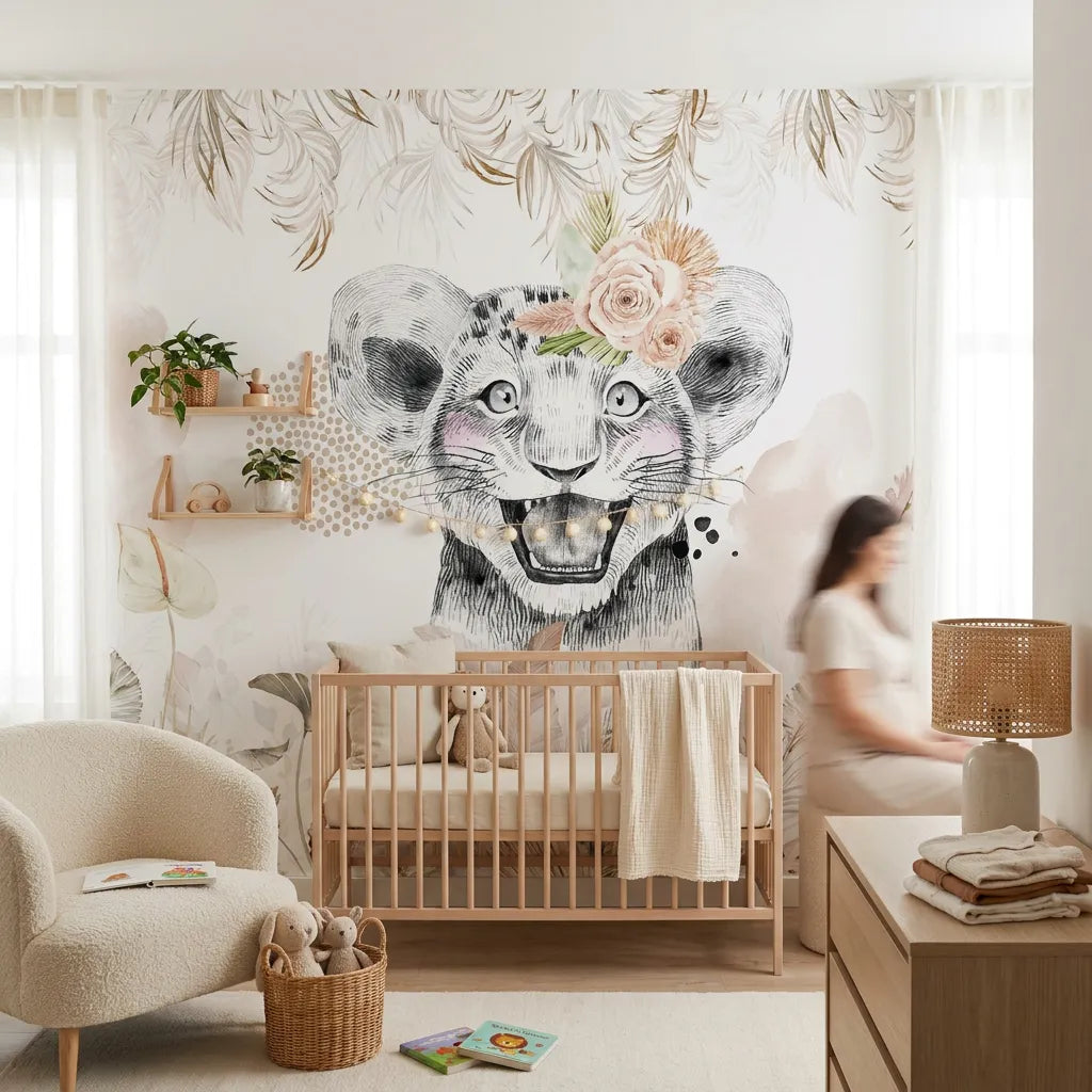 Troisième vue du papier peint savane éclat doré dans une chambre d'enfant