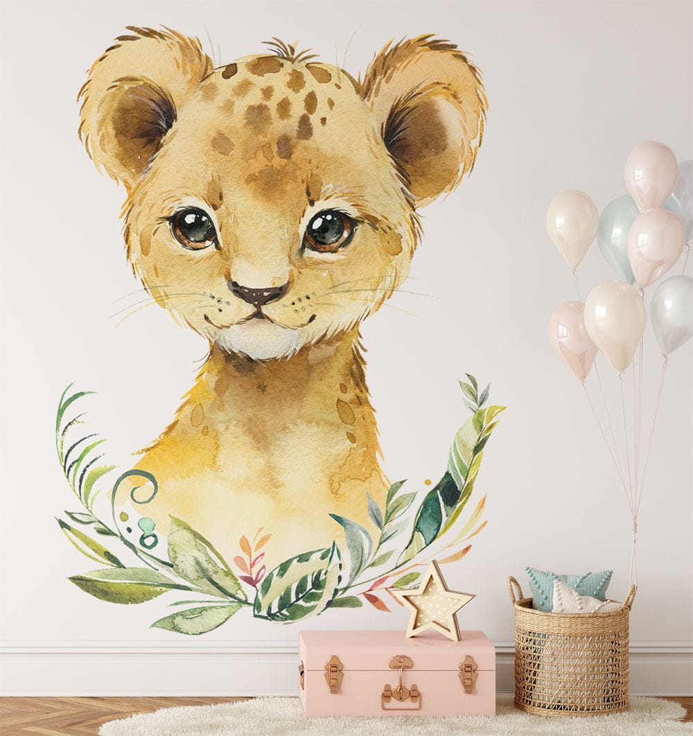 Papier peint panoramique savane lion illustré, dans une chambre d'enfant