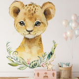 Papier peint panoramique savane lion illustré, dans une chambre d'enfant