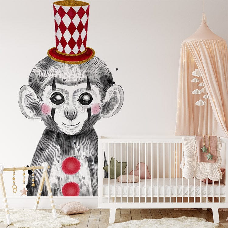 Papier peint panoramique singe illustré, dans une chambre de bébé