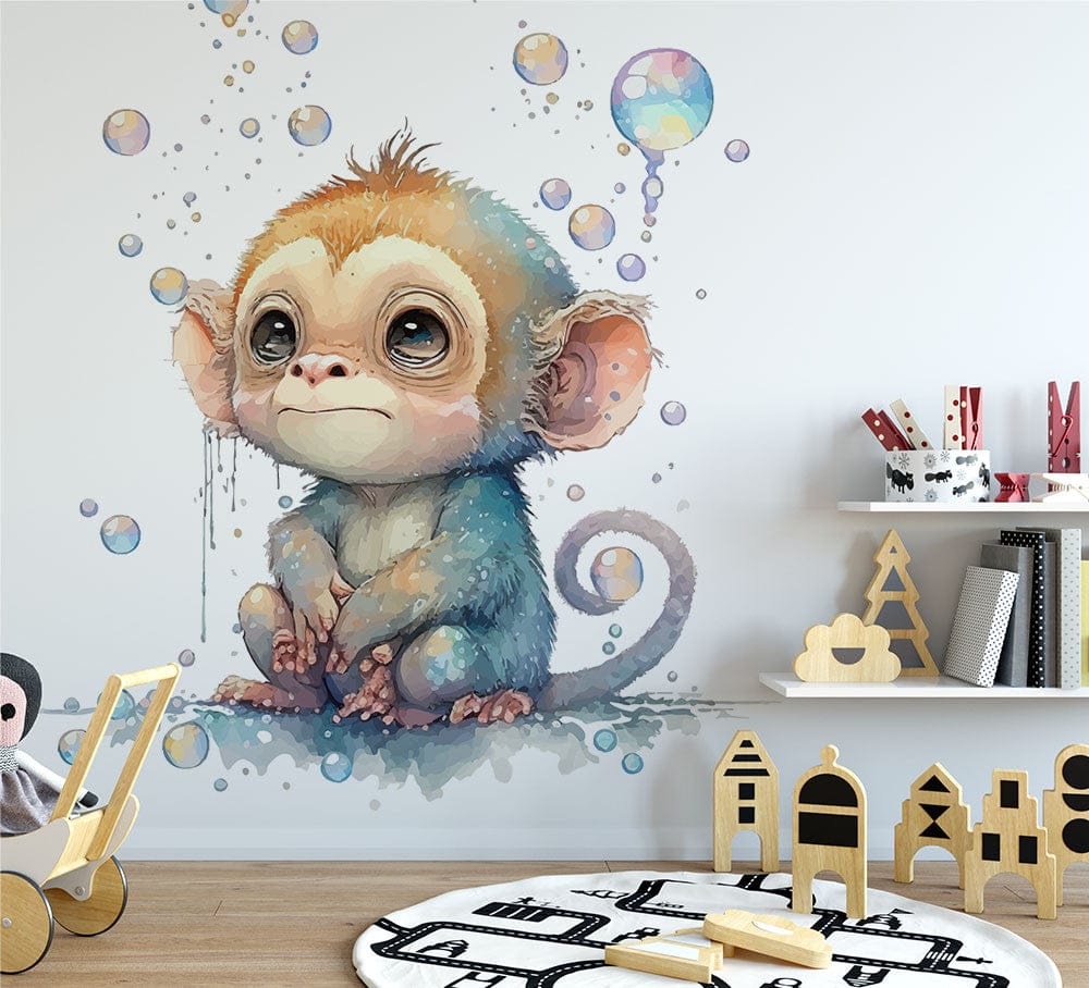 Papier peint panoramique singe mignon illustré, dans une chambre d'enfant