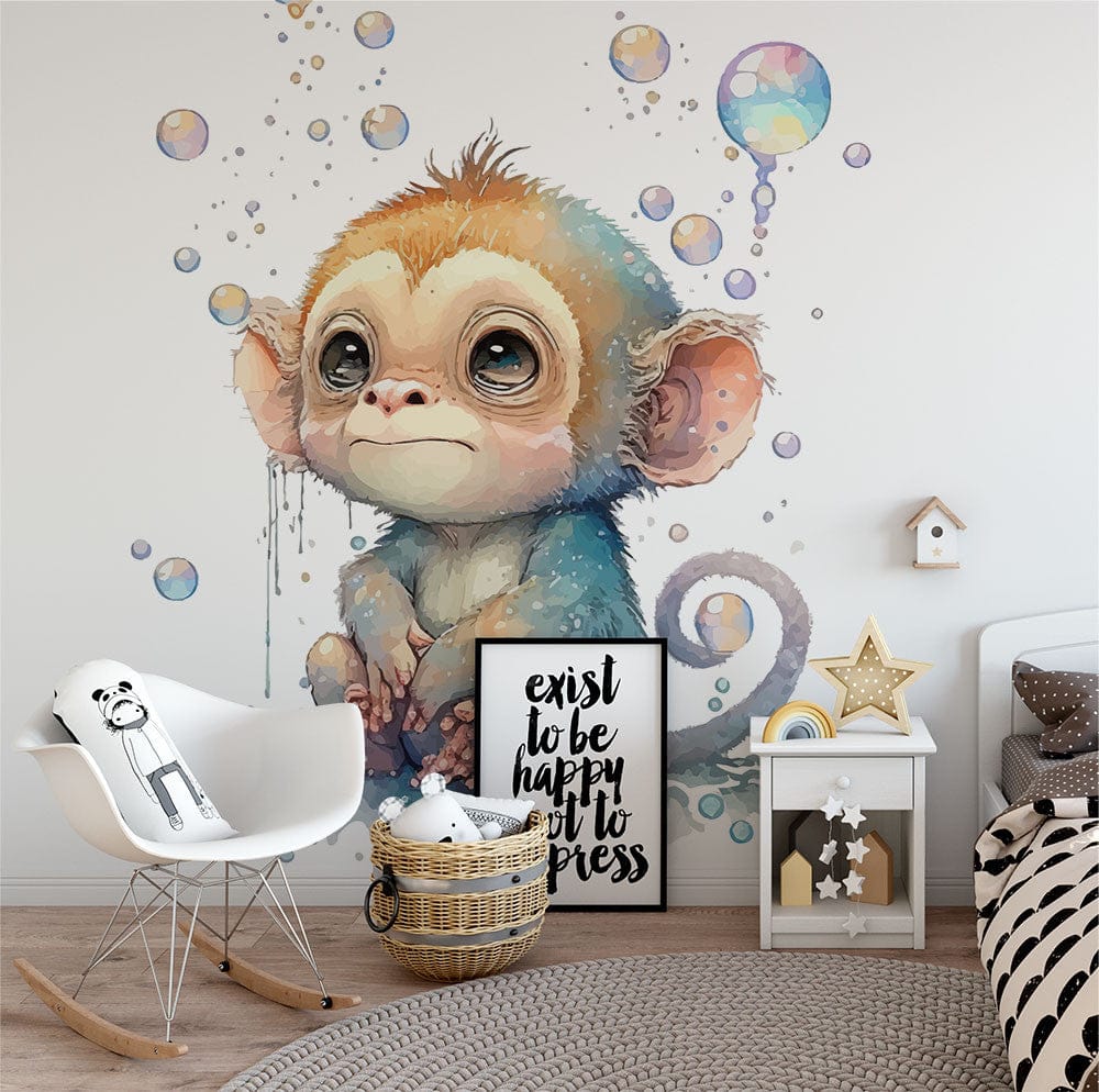 Deuxième vue du papier peint singe mignon dans une chambre d'enfant