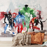 Papier peint panoramique super-héros illustré, dans une chambre de garçon
